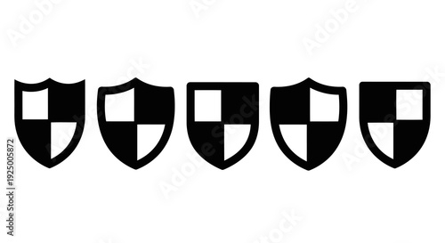 A row of five shields with different checkered patterns on a white background.