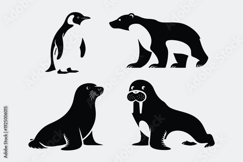 Silhouettes of four distinct aquatic mammals in various stances isolated on white background, Vector, illustration