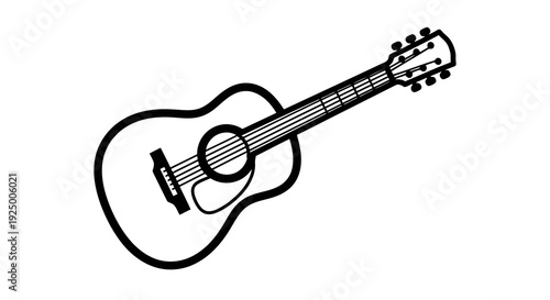 A simple black and white drawing of an acoustic guitar on a white background.