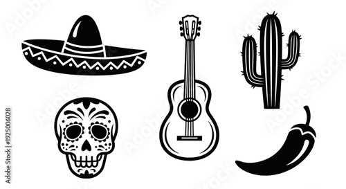 A collection of mexican symbols including a sombrero, skull, guitar, cactus, and chili pepper.