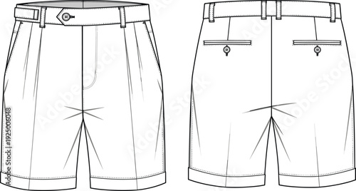 Technical CAD drawing of men's tailored pleated chino shorts with cuffed hem and buttoned welt back pockets, flat vector illustration