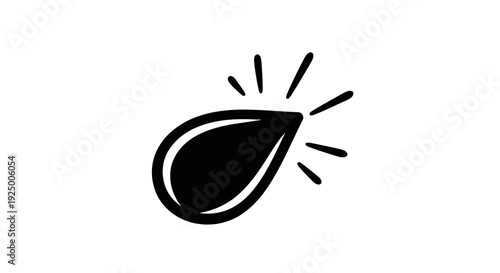 A simple black and white illustration of a shining water droplet on a plain background.