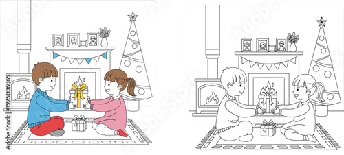 Christmas coloring book page for kids with colored example and line art outline showing cute boy and girl exchanging gifts in front of fireplace and xmas tree vector illustration