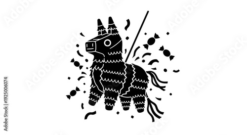 A black and white illustration of a piñata being broken open with fragments flying everywhere.