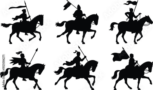 Collection of medieval cavalry warrior silhouettes with flags and spears, riding horses in dynamic poses, isolated on white background, historical battle illustration set