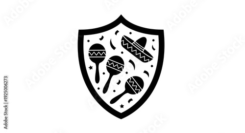 A shield with maracas and musical elements inside, symbolizing music and rhythm.