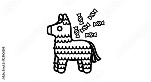 A simple black and white drawing of a piñata in the shape of a donkey with candy spilling out.