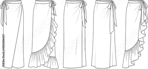 Technical CAD drawing of women's wrap maxi skirts with ruffle hem and waist tie details, fashion flat vector template set