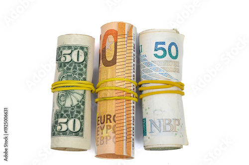 Obraz na płótnie Rolled money on white background, foreign currencies, currency exchange, isolate