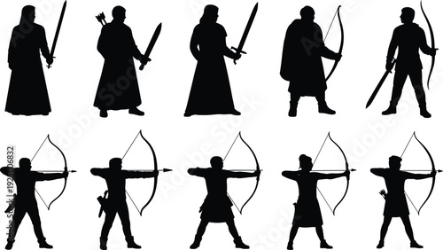 Collection of medieval warrior and archer silhouettes with swords and bows, isolated on white background, historical fantasy fighters illustration set