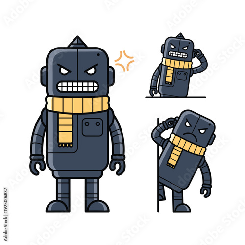 Cartoon robot character in scarf posing in different poses on white background