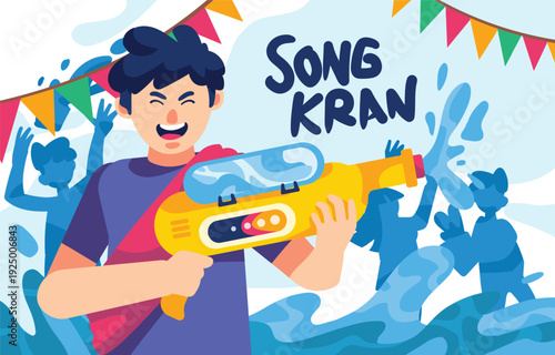 A vibrant illustration depicts a man playfully shooting water during the songkran festival celebration