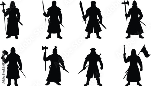 Collection of medieval warrior silhouettes holding swords, axes and weapons, isolated on white background, black fantasy knight and soldier illustration set