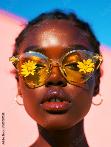 Vibrant Portrait of Black Woman with Yellow Flower Reflections in Sunglasses