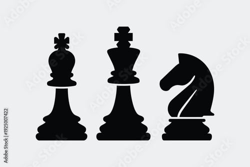 Three distinct black chess pieces displayed side by side in silhouette isolated on white background, Vector, illustration