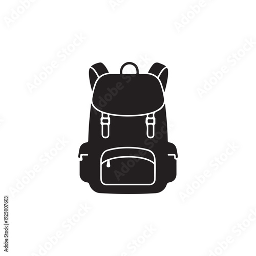 Black backpack icon with white outline on white background  simple travel bag