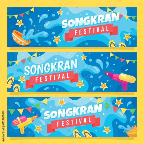 Colorful songkran festival banner design featuring water splashes flags and water guns celebrating the Thai new year