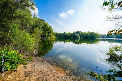 View of the Silbersee lake and the surrounding landscape. Nature by the lake near Leverkusen.
