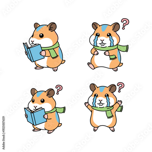 Confused cartoon hamster reading a book with a puzzled expression