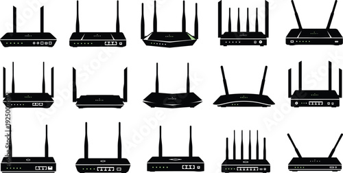 Collection of modern wireless WiFi routers icons set, network hardware devices silhouettes, internet connectivity technology concept, flat black vector illustration isolated on white background