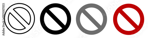 Prohibition sign icons in outline, solid black, grey, and red colors isolated on white background. Blank ban icon set