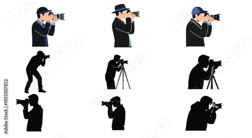 Set of photographers and cameramen silhouettes with cameras isolated