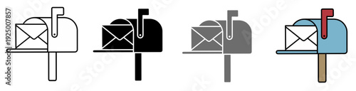 Mailbox icons in different styles: outline, solid black, gray, and colored with a red flag and envelope