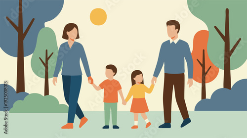 Happy family walking together outdoors in a park with minimalist illustration style