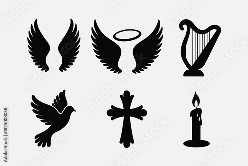 Black and white icons representing symbols of spirituality and mythology isolated on white background, Vector, illustration