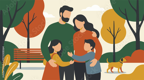 Happy family embracing in an autumn park with their dog, flat illustration