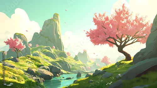 Fantasy landscape with pink trees and rocky hills