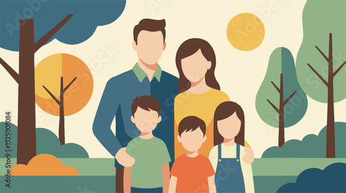 Flat design family enjoying nature in a park landscape