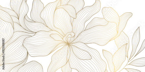 Luxury floral pattern, elegant gold line flowers and leaves background. Vector illustration Art Deco, Nouveau, Japanese ornament, romantic, vintage aesthetic for wedding card, tea packaging, wallpaper