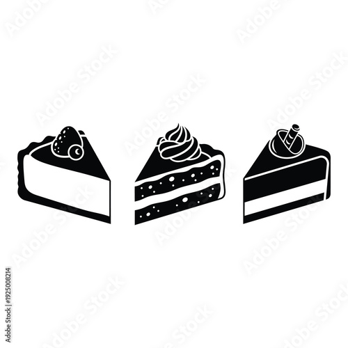 Three slices of cake with different toppings isolated on white background