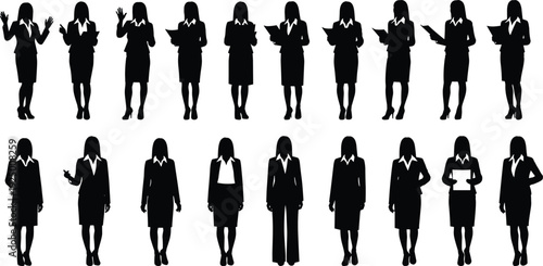 WebSet of professional businesswoman silhouettes in office suits, corporate female character icons for business presentations, career and leadership conceptual design,