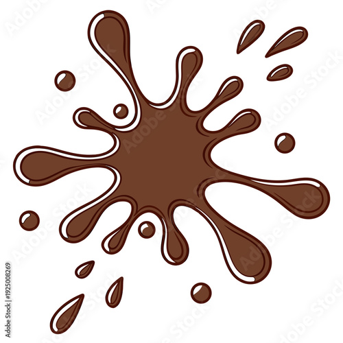 A brown liquid splash resembling chocolate or mud with a central blot and elongated droplets radiating outward, plus smaller scattered drops.