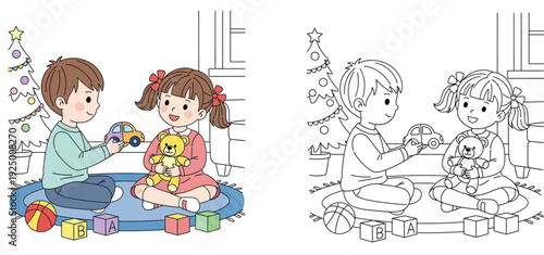 Cute boy and girl playing with toys near Christmas tree. Coloring book page vector illustration with colored and outline versions for kids.