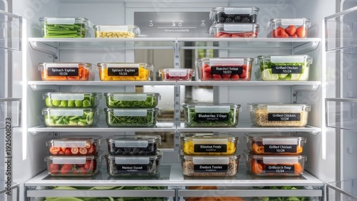 A well-organized refrigerator interior with shelves filled with various colorful containers of fruits and vegetables