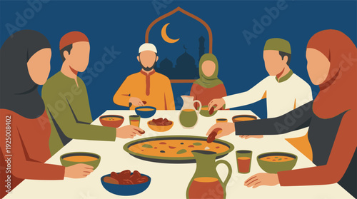 Muslim family breaking fast together for Iftar during Ramadan