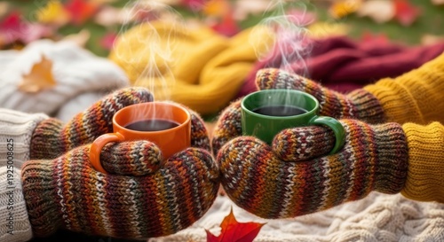 Enjoying warm drinks in cozy mittens among colorful autumn leaves in a serene outdoor setting