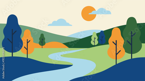 Minimalist flat design landscape illustration with river, hills, trees, sun