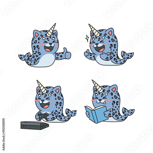 Cute cartoon leopard unicorn character in various activities with copy space