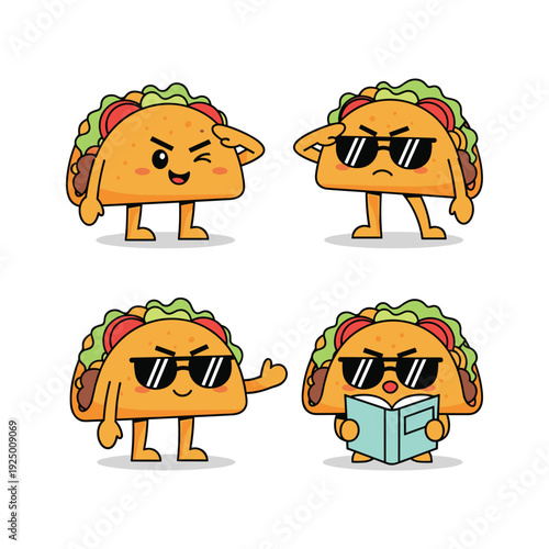 Taco character with different emotions and sunglasses on white background