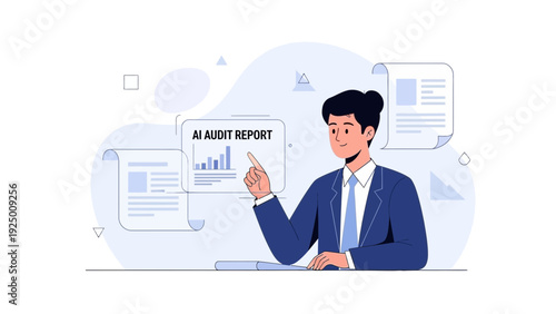 Man in suit pointing to AI audit report with charts and data