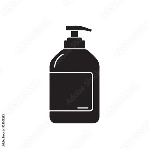 Black bottle with pump dispenser and label  isolated on white background