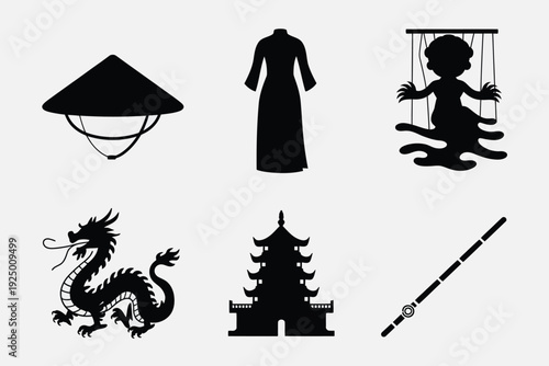 Traditional symbols and figures from east asian culture depicted in silhouette isolated on white background, Vector, illustration