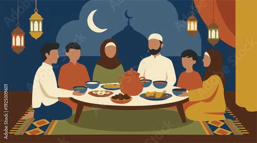 Muslim family enjoying Iftar dinner during Ramadan celebration