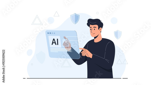 Man interacting with AI interface on futuristic transparent screen