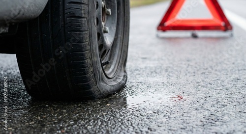 Flat tire on car parked on wet road with warning triangle, creating a sense of inconvenience and delay