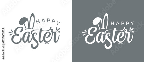 Happy Easter Typography Vector Cut File In Gray and White Colors With Bunny Ears Design For Cricut Silhouette Sublimation Printable